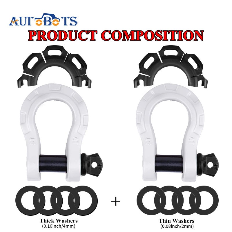 AUTOBOTS أغلال حلقية على شكل حرف D من AUTOBOTS عالية التحمل (عبوة من قطعتين) سعة 68.000 رطل أقوى من 3/4 بوصة على شكل حرف D مع دبوس لولبي 7/8 بوصة لحزام السحب ونش الطرق الوعرة لاستعادة المركبات باللون الأبيض - Image 5